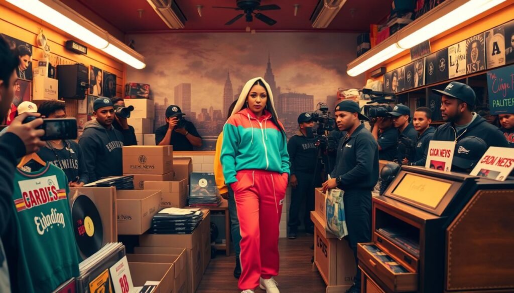 A bustling Ejade News bodega interior, bathed in warm, saturated lighting. Cardi B, dressed in a vibrant tracksuit, interacts with staff, overseeing the set-up of merchandise displays - branded hoodies, caps, and vinyl records. Cardboard boxes are unpacked, shelves are stocked, and a vintage cash register sits ready. In the background, a mural of the Bronx skyline adds an authentic, urban touch. Cameras and crew members move about, capturing the energy and anticipation of the Bodega Pop-Up's grand opening. The scene exudes a sense of controlled chaos, a glimpse into the making of this immersive retail experience for Cardi B's devoted fans.