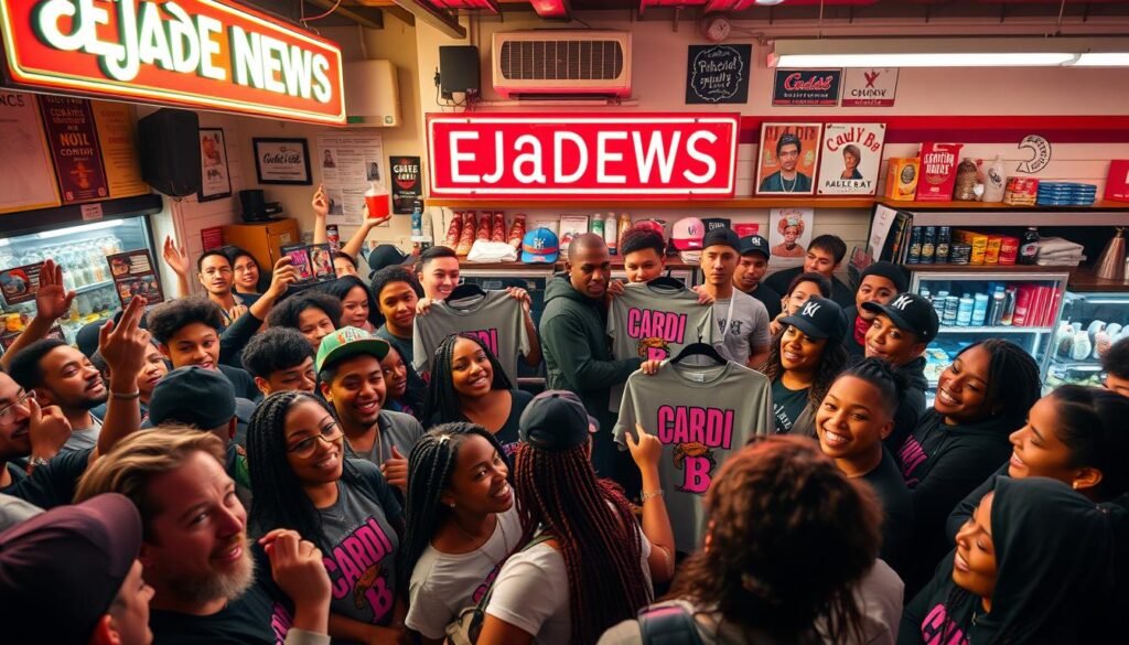 A bustling bodega event, with fans eagerly crowding around the Ejade News merch booth. Bright neon signs illuminate the scene, casting a vibrant glow over the excited crowd. In the foreground, a mix of young and diverse individuals showcase their newly acquired Cardi B-branded merchandise, their expressions a blend of joy and anticipation. The middle ground features the meticulously curated display of t-shirts, hats, and other memorabilia, inviting onlookers to explore and indulge. In the background, the bodega's iconic shelves and countertops create a familiar and authentic setting, amplifying the community-driven atmosphere. Warm lighting and a dynamic camera angle capture the energy and enthusiasm of this unique, social media-worthy event.