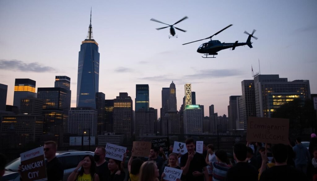 A bustling city skyline at dusk, with towering skyscrapers and glowing windows. In the foreground, a group of people gather in a peaceful protest, holding signs that read "Sanctuary City" and "Immigrants Welcome." The scene is illuminated by warm, soft lighting, creating a contemplative atmosphere. In the background, a news helicopter hovers, capturing the moment. The image conveys a sense of civic engagement and a commitment to protecting immigrant communities, even in the face of federal pressure.