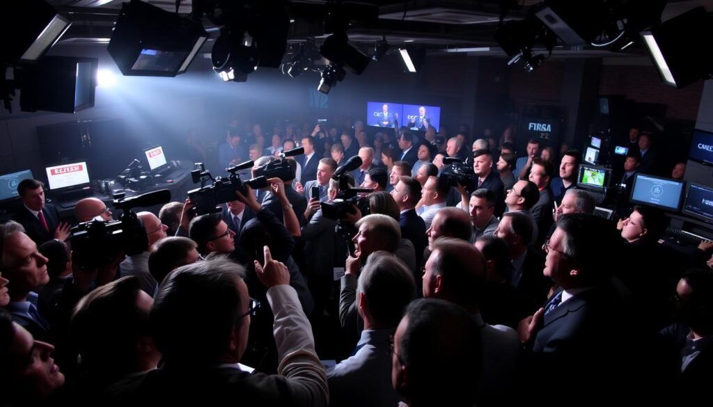 A bustling newsroom, cameras and microphones pointed at a podium, as journalists intently capture the unfolding media coverage of the Charlie Kirk investigation. Dramatic lighting casts shadows across the scene, creating a sense of intensity and urgency. In the foreground, a crowd of reporters, their faces animated with a mix of curiosity and concern, eagerly await the next development. The background is a haze of activity, with computer screens, phones, and papers scattered about, reflecting the frenetic pace of the breaking news. The overall atmosphere conveys the high-stakes nature of the investigation and the public's heightened interest in the story.