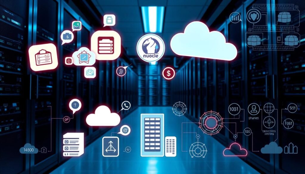 A bustling server room, with sleek racks of web hosting hardware bathed in a cool, blue-tinted lighting. In the foreground, different web hosting icons and symbols float, representing shared, VPS, dedicated, and cloud hosting options. The middle ground showcases detailed renderings of these hosting services, their features and capabilities visually explained. In the background, a matrix of server status indicators and network diagrams creates a sense of the complex infrastructure powering modern web hosting. The overall composition conveys the diversity, technology, and reliability of web hosting services.