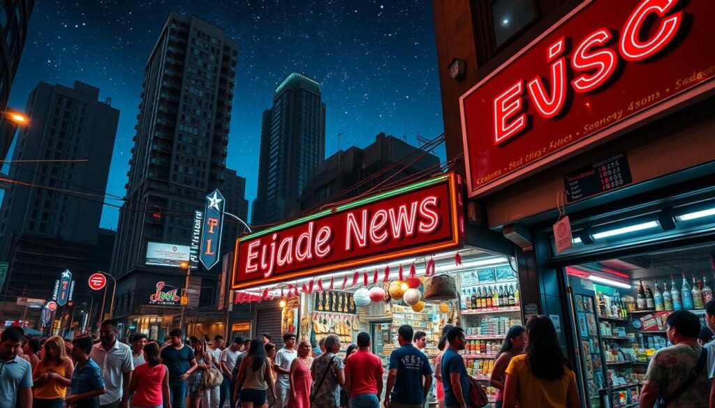A bustling urban street scene with a vibrant Bodega storefront at the center, its signage reading "Ejade News". Customers spill out onto the sidewalk, immersed in a lively, culturally diverse atmosphere. Neon lights cast a warm glow, illuminating an eclectic mix of products and decor that capture the essence of a traditional Bodega. In the background, towering city buildings and a night sky studded with stars create a sense of place and community. The composition showcases the Bodega as a hub of cultural exchange, where people from all walks of life come together to share experiences, access essential goods, and celebrate the richness of urban life.