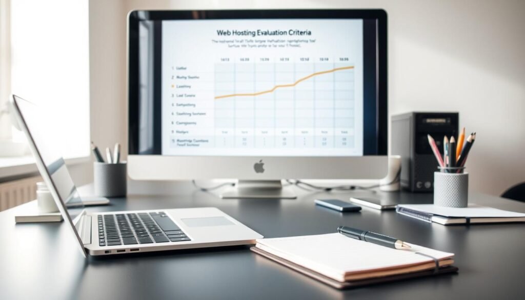 A clean, professional-looking desk with various office supplies, including a laptop, notebook, pen, and desk organizer. In the background, a large computer monitor displays an analytical graph or chart related to web hosting evaluation criteria. The lighting is soft and natural, creating a calm and focused atmosphere. The overall composition emphasizes the importance of careful consideration and research when choosing the best web hosting service for a website.
