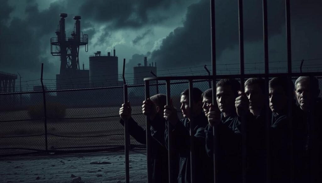 A dark, foreboding industrial complex looms in the background, its towering razor-wire fences and surveillance cameras casting an ominous shadow. In the foreground, a group of detainees, their faces etched with despair, stand behind a row of barred windows, their hands grasping the cold metal as they gaze out at the bleak landscape. The lighting is harsh, casting deep shadows and emphasizing the stark, oppressive atmosphere. The scene is captured from a low angle, heightening the sense of confinement and powerlessness. The overall mood is one of dystopian hopelessness, reflecting the harsh realities of the private prison industry's role in the immigration detention system.