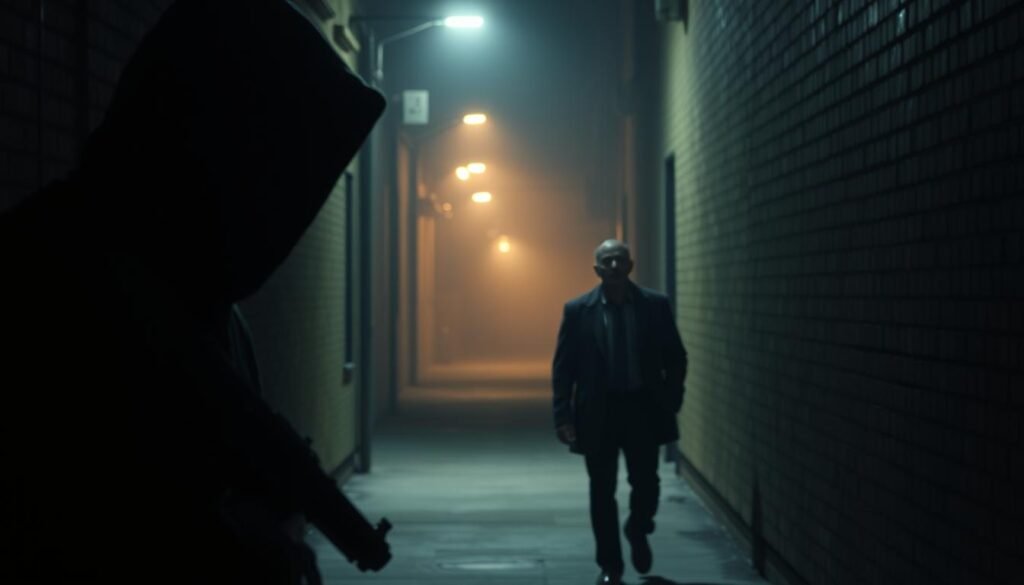A dimly lit alleyway, the shadows cast by flickering streetlights, a sense of unease permeating the scene. In the foreground, a hooded figure lurks, their face obscured, clutching a concealed weapon. In the middle ground, a political commentator walks alone, unaware of the looming threat. The background is shrouded in a hazy, ominous atmosphere, hinting at the potential for danger. The lighting is moody and atmospheric, creating a sense of tension and foreboding. The camera angle is low, emphasizing the vulnerability of the commentator and the menacing presence of the unseen threat.