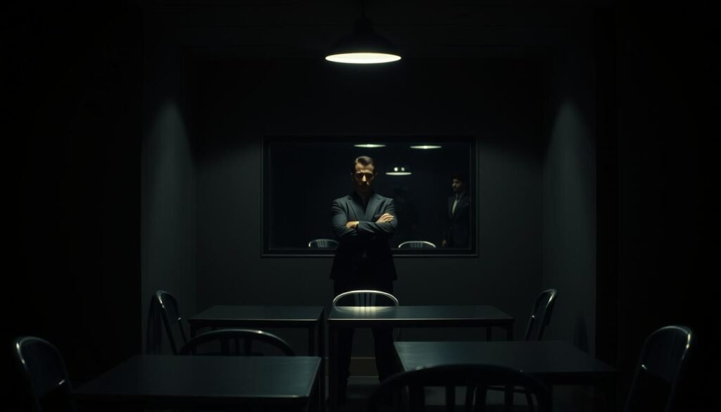 A dimly lit, somber interrogation room. A lone figure, arms crossed, face obscured in shadow, radiates an air of defiant non-cooperation. The flickering overhead light casts stark contrasts, emphasizing the tension in the room. Metallic tables and chairs occupy the foreground, creating a sense of isolation. In the background, a one-way mirror reflects the investigator's gaze, hinting at the unseen forces at work. The scene conveys a palpable atmosphere of unease and unresolved conflict, mirroring the essence of the "Charlie Kirk's Assassinator Not Cooperating with Investigation" subject.