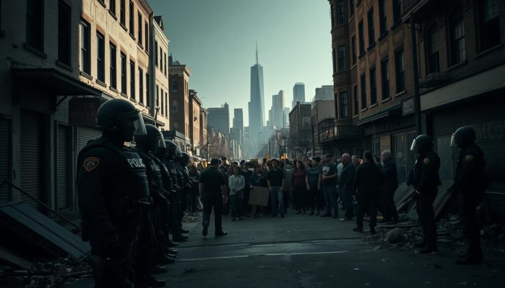 A dimly lit urban street in Chicago, with abandoned buildings and debris-strewn sidewalks. In the foreground, a group of armed police officers in riot gear stand vigilant, their faces obscured by helmets. The middle ground is filled with a crowd of protesters, their expressions a mix of defiance and fear. In the background, the skyline of Chicago looms, its skyscrapers casting long shadows over the scene. The lighting is harsh, creating a sense of tension and unease. The overall mood is one of unrest and crisis, reflecting the city's struggle with violence and the federal intervention.