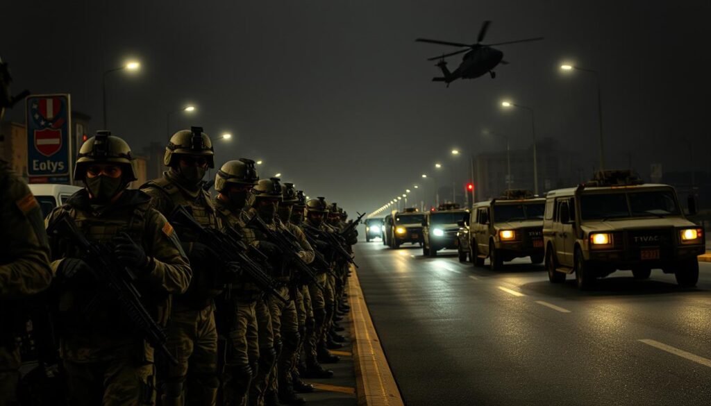A heavily armed battalion of soldiers in urban camouflage gear stands at the ready, their weapons drawn and eyes scanning the surrounding city streets. Helicopters hover overhead, their search lights sweeping the ground below. In the background, armored military vehicles line the road, their imposing silhouettes casting long shadows across the scene. The air is thick with tension, a palpable sense of threat and potential violence hanging in the air. The overall mood is one of grim determination and a display of overwhelming force, conveying the gravity of the situation and the federal government's resolve to assert its authority.