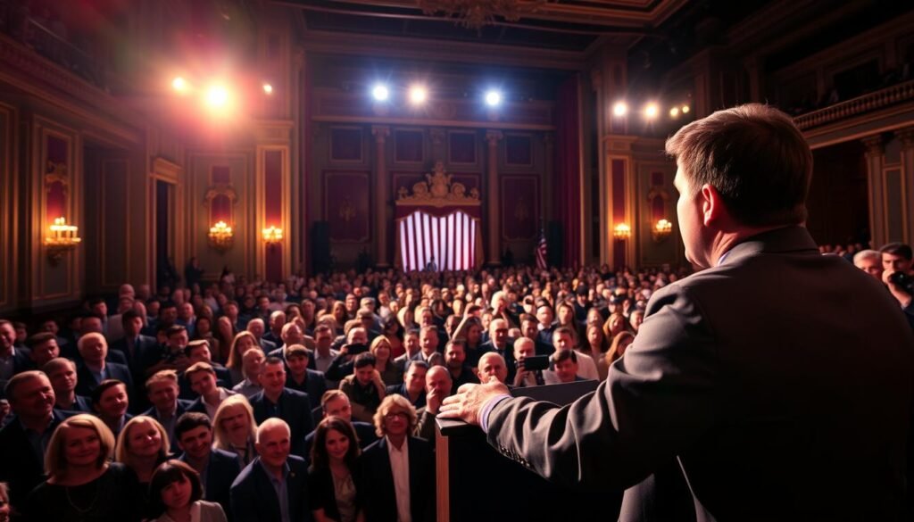 A high-profile public appearance by Charlie Kirk, the influential conservative commentator and founder of Turning Point USA. The scene captures him in the foreground, standing at a podium and addressing a large, enthusiastic crowd. The lighting is dramatic, with warm spotlights illuminating his face and creating a sense of intensity. The middle ground is filled with rows of attentive audience members, their expressions a mix of rapt attention and eager anticipation. In the background, a grand, ornate stage sets the scene, hinting at the significance of the event. The overall mood is one of energy, engagement, and the weight of Kirk's public persona and political influence.