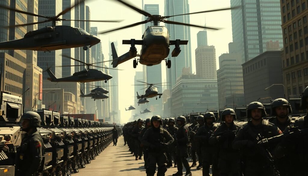 A large-scale military deployment in a bustling urban center. In the foreground, rows of armored vehicles and heavily armed troops in full combat gear stand at the ready, their faces grim and determined. In the middle ground, military helicopters hover overhead, their rotors churning the air and casting dramatic shadows on the streets below. In the background, the towering skyscrapers of a major city loom, their windows glinting in the harsh, directional lighting that casts long, dramatic shadows. The mood is tense, the atmosphere one of heightened vigilance and impending action, as the military presence asserts its dominance over the urban landscape.
