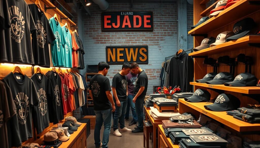 A vibrant display of limited edition Ejade News merchandise, showcasing a stylish collection of apparel and accessories. In the foreground, a range of t-shirts, hoodies, and caps in bold, eye-catching designs are neatly arranged on vintage wooden shelves. Soft, warm lighting illuminates the items, creating a cozy, exclusive atmosphere. In the middle ground, a few customers peruse the selection, their expressions of excitement and anticipation captured in a candid moment. The background features a minimalist, urban setting with exposed brick walls and a vintage metal sign, further emphasizing the unique, limited-edition nature of the Ejade News merchandise. The overall scene conveys a sense of exclusivity, high-quality craftsmanship, and the thrill of discovering a rare, coveted collection.