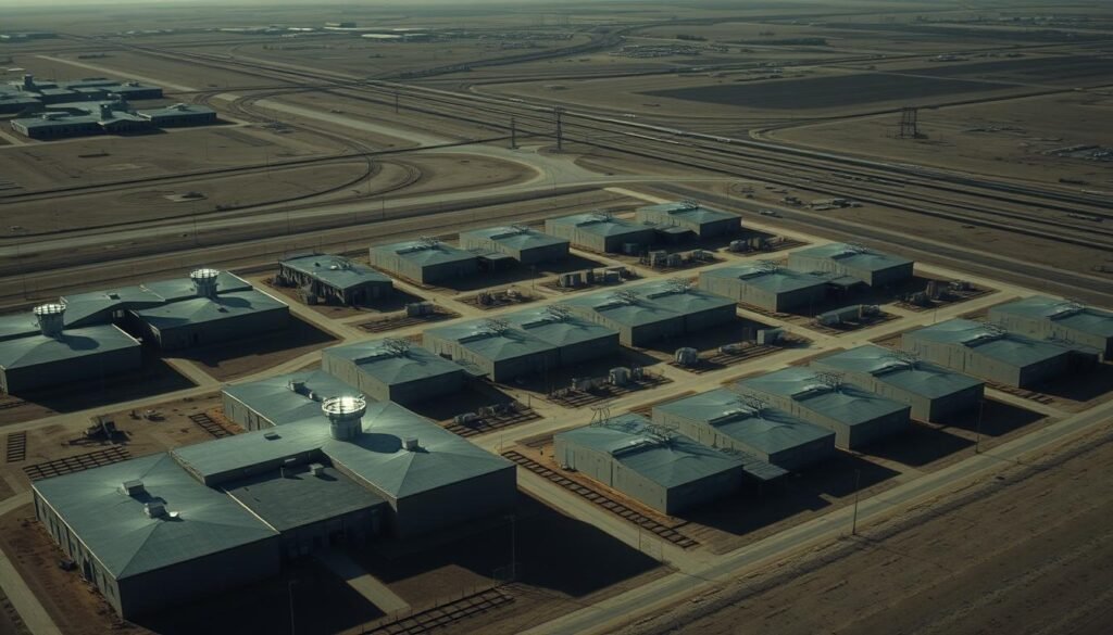 A wide overhead view of a sprawling immigration detention center complex, set against a stark, industrial landscape. The buildings are lined in rows, their drab grey facades casting long shadows across the barren, fenced-in grounds. Security towers punctuate the perimeter, their floodlights casting an eerie glow. In the distance, a network of roads and railroad tracks weave through the desolate scenery, hinting at the wider system of immigration enforcement infrastructure. The mood is somber, conveying a sense of institutional control and human confinement. Rendered in a photorealistic style with a high level of detail, the image captures the geographic scale and systemic nature of the U.S. immigration detention system.