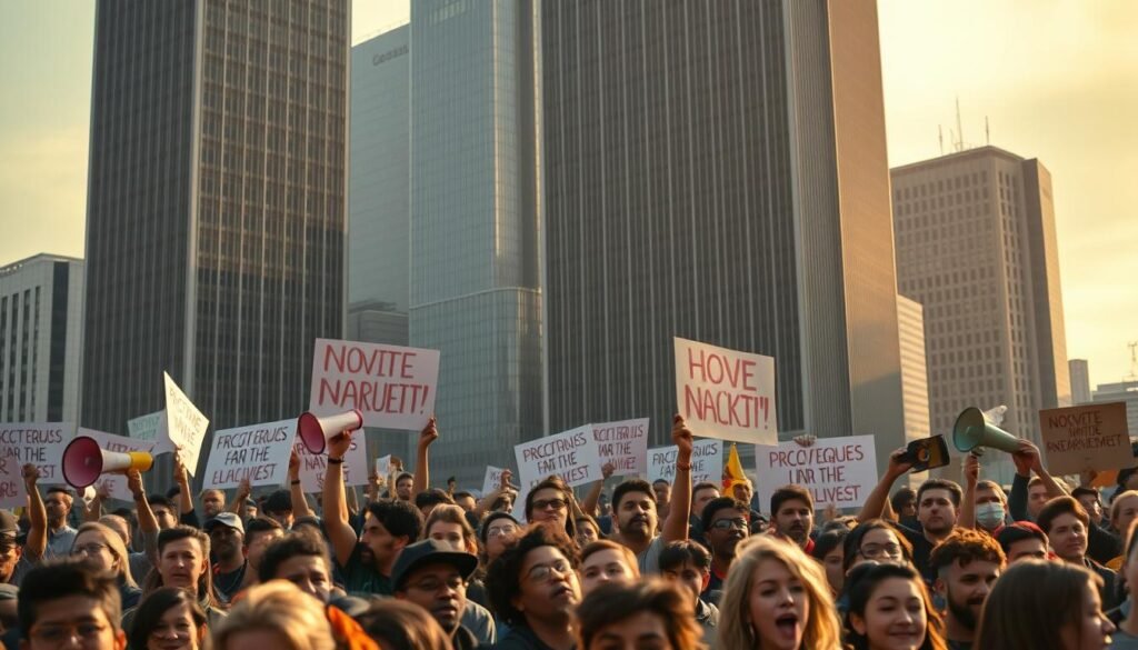 Advocacy organizations, gathered in solidarity, stand resolute against a backdrop of towering skyscrapers. In the foreground, diverse individuals raise banners and megaphones, their faces etched with determination. A sea of people surges forward, their collective energy palpable. Warm, diffused lighting casts a sense of hope, while the angular, modern architecture symbolizes the strength of their united cause. The scene conveys a powerful message of activism, community, and the unwavering spirit of those fighting for justice and equality.