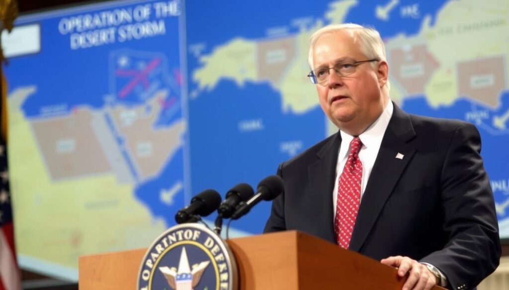 Secretary of Defense Dick Cheney briefing reporters at the Pentagon during Operation Desert Storm in 1991