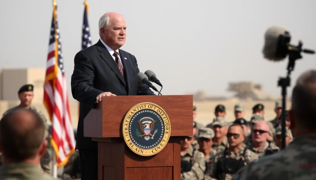 Vice President Cheney addressing troops during a visit to Iraq